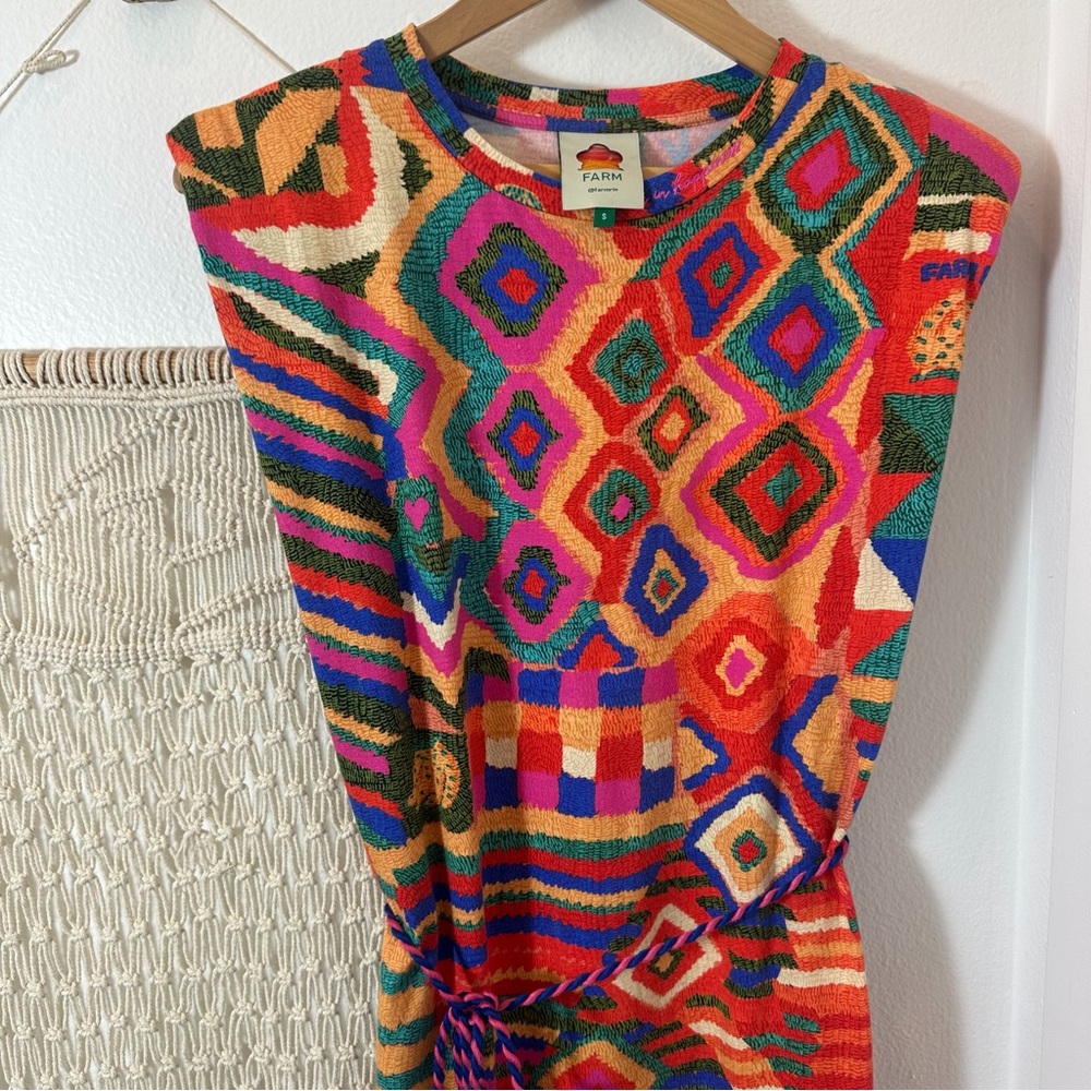 Farm Rio Colorful Geometric Red Rainbow Quilt Pattern Bohemian Rope Dress Small - Picture 9 of 9